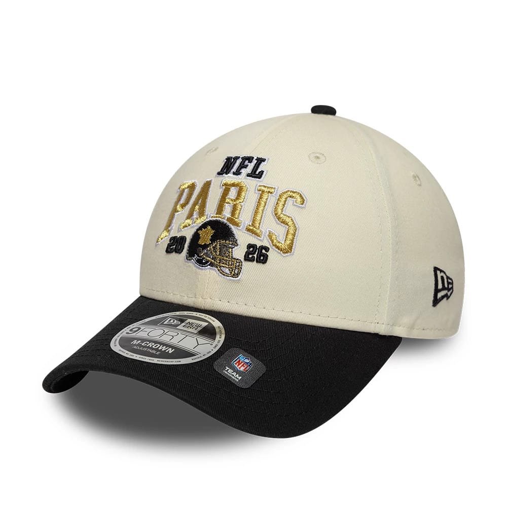 Pictured is this NFL International Series Games 2026 Paris New Orleans Saints 9FORTY M-Crown cap in white & black. 3
