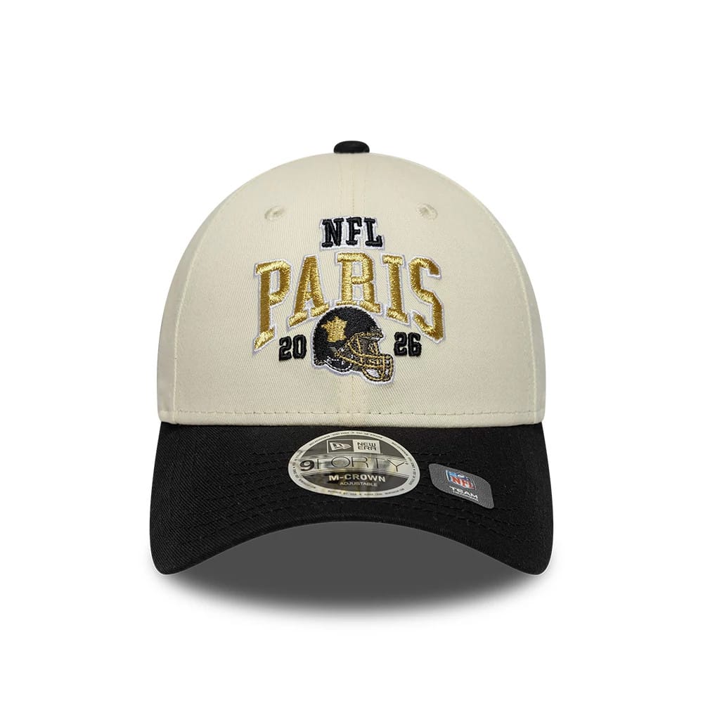 Pictured is this NFL International Series Games 2026 Paris New Orleans Saints 9FORTY M-Crown cap in white & black. 2