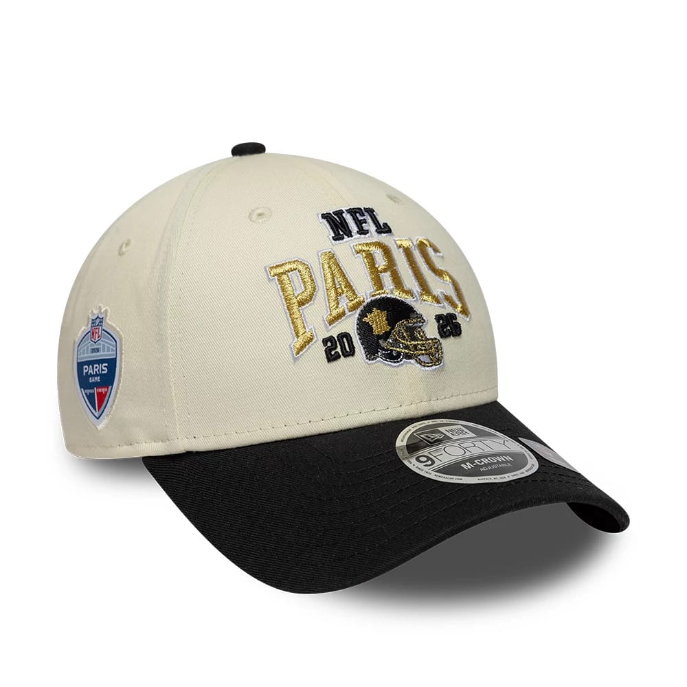 Pictured is this NFL International Series Games 2026 Paris New Orleans Saints 9FORTY M-Crown cap in white & black. 1