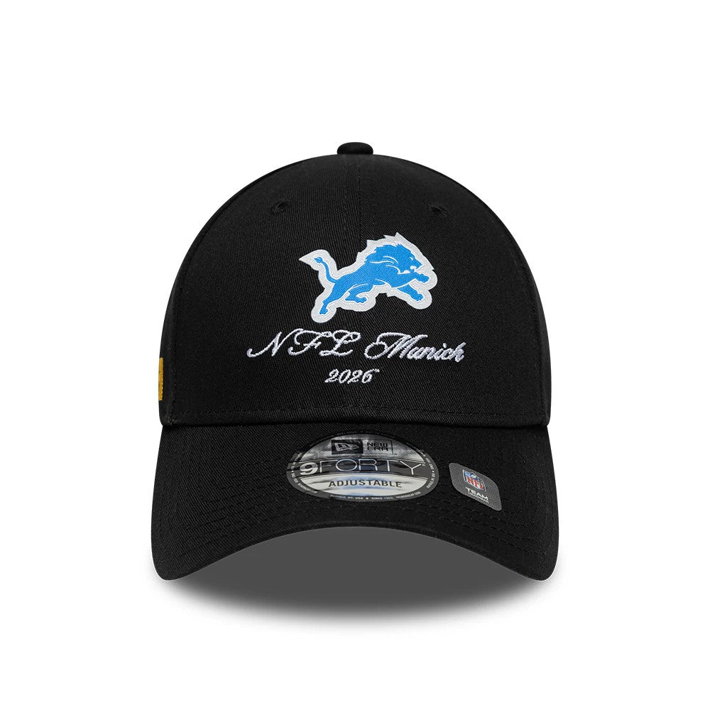 Pictured is this NFL International Series Games 2026 Munich Detroit Lions 9FORTY cap in black. 3