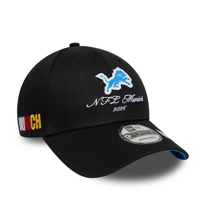 Pictured is this NFL International Series Games 2026 Munich Detroit Lions 9FORTY cap in black. 1