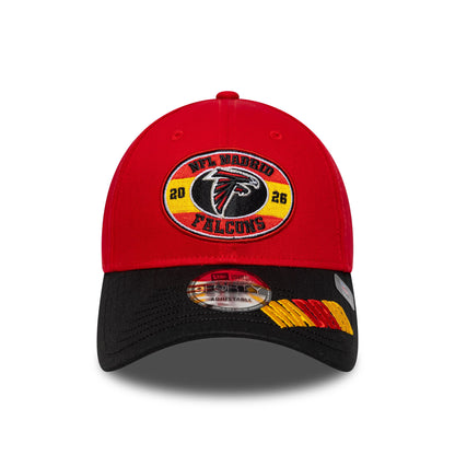 Pictured is this NFL International Games 2026 Madrid Atlanta Falcons 9FORTY cap in red & black. 2