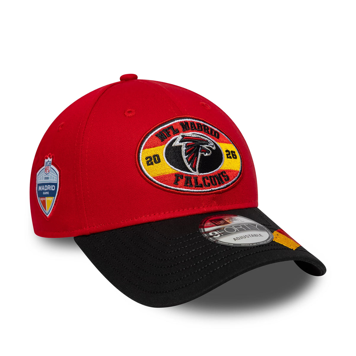 Pictured is this NFL International Games 2026 Madrid Atlanta Falcons 9FORTY cap in red & black. 3