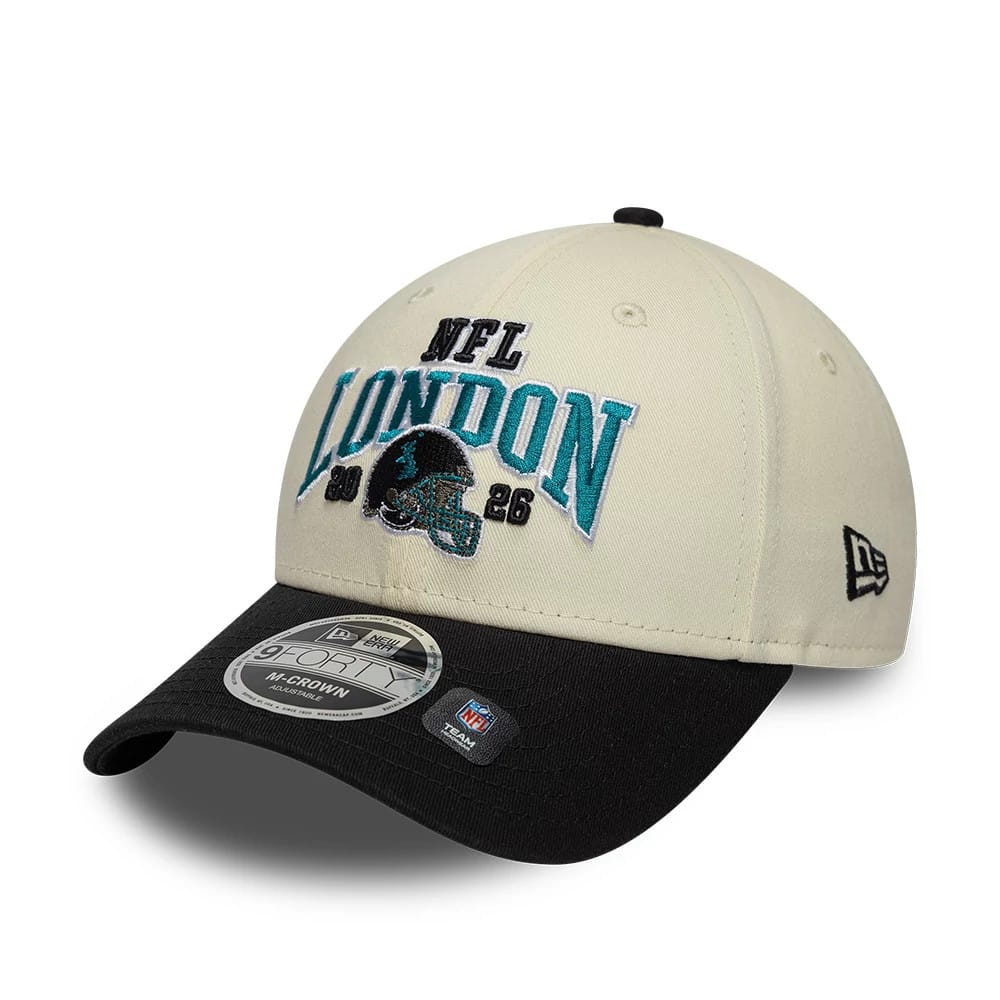 Pictured is this NFL International Series Games 2026 London Jacksonville Jaguars 9FORTY M-Crown cap in white & black. 3
