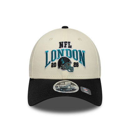 Pictured is this NFL International Series Games 2026 London Jacksonville Jaguars 9FORTY M-Crown cap in white & black. 2