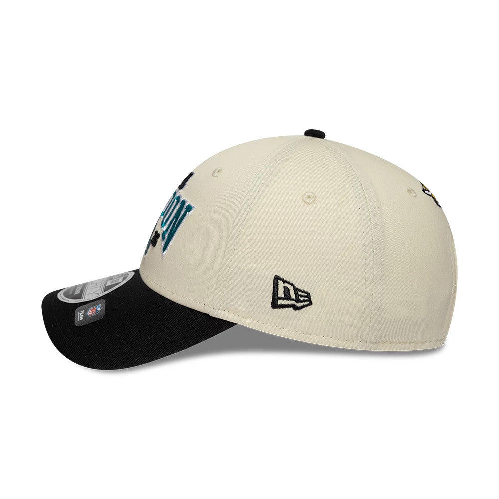 Pictured is this NFL International Games 2026 London Jacksonville Jaguars 9FORTY M-Crown cap in white & black. 4