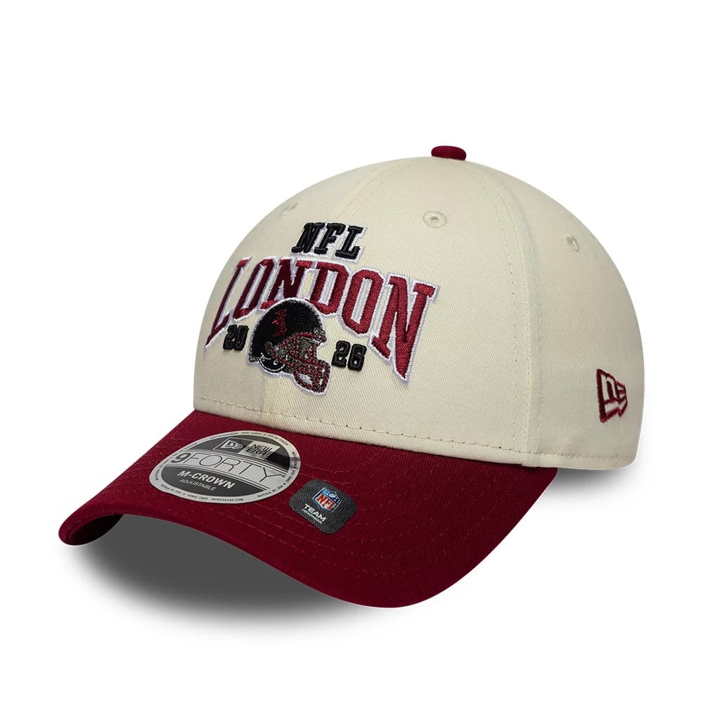 Pictured is this NFL International Series Games 2026 London Washington Commanders 9FORTY M-Crown cap in white & dark red. 3