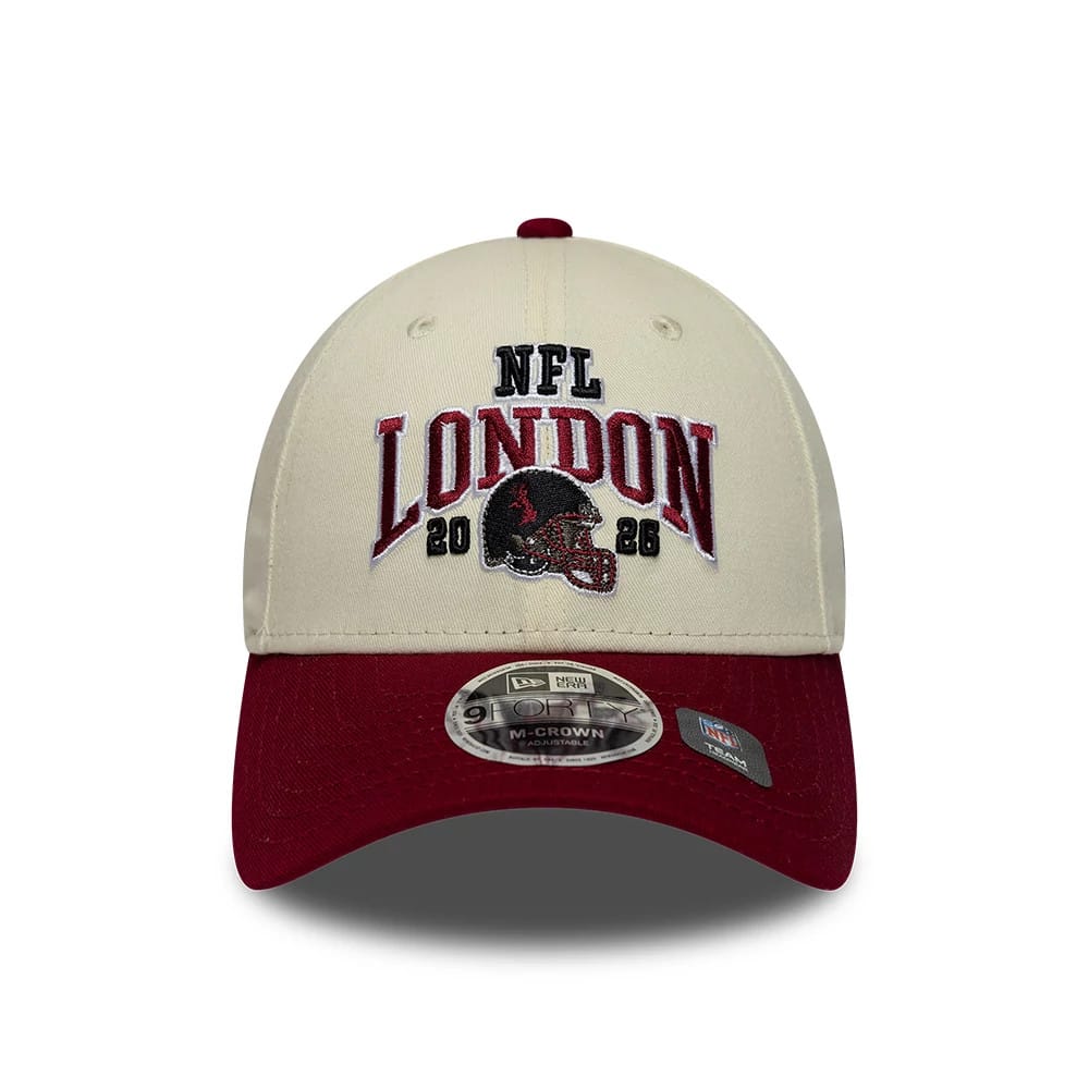 Pictured is this NFL International Series Games 2026 London Washington Commanders 9FORTY M-Crown cap in white & dark red. 2