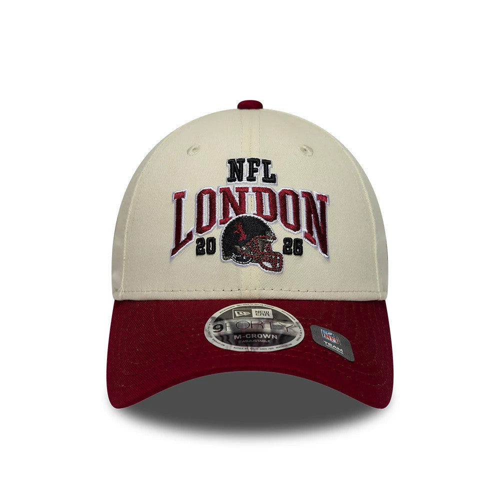 Pictured is this NFL International Games 2026 London Washington Commanders 9FORTY M-Crown cap in white & dark red. 2