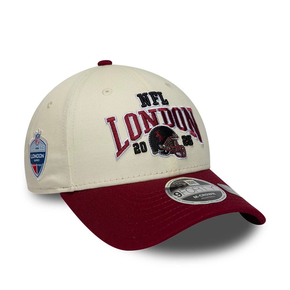 Pictured is this NFL International Series Games 2026 London Washington Commanders 9FORTY M-Crown cap in white & dark red. 1