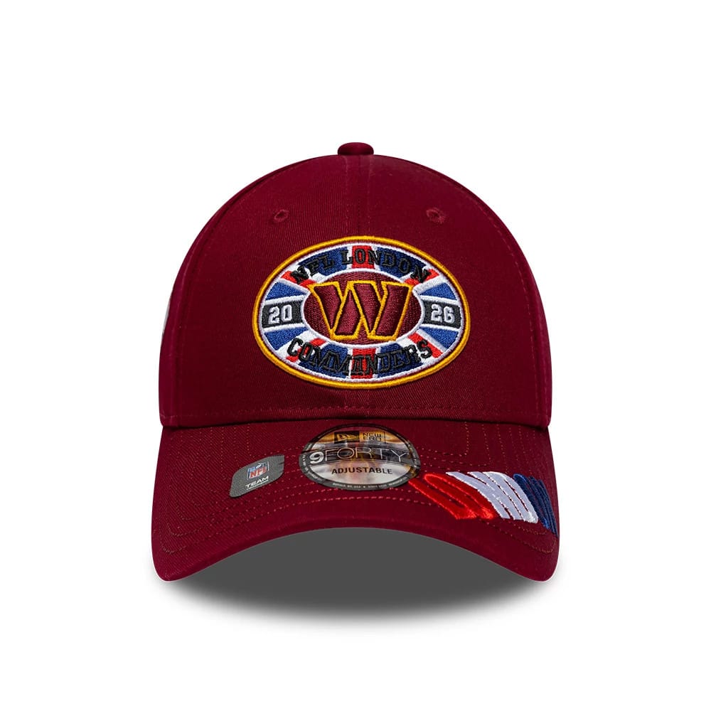 Pictured is this NFL International Series Games 2026 London Washington Commanders 9FORTY cap in dark red. 2