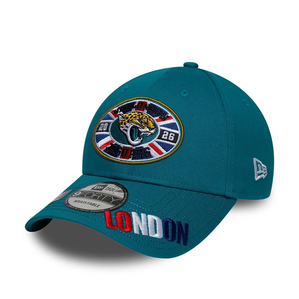 Pictured is this NFL International Series Games 2026 London Jacksonville Jaguars 9FORTY cap in turquoise. 3