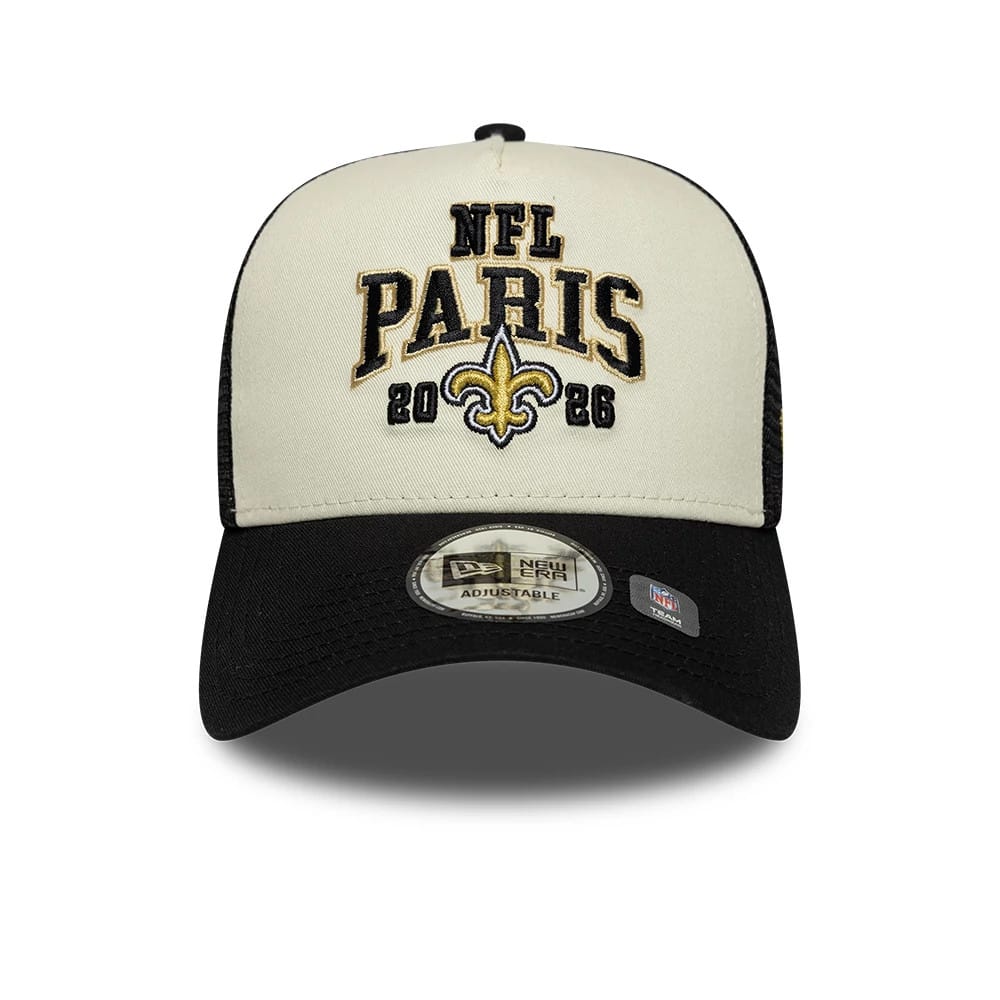Pictured is this NFL International Series Games 2026 Paris New Orleans Saints 9FORTY A-Frame Trucker cap in black. 2