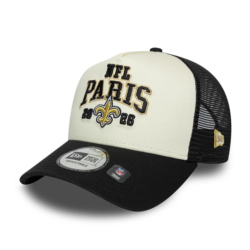 Pictured is this NFL International Series Games 2026 Paris New Orleans Saints 9FORTY A-Frame Trucker cap in black. 3