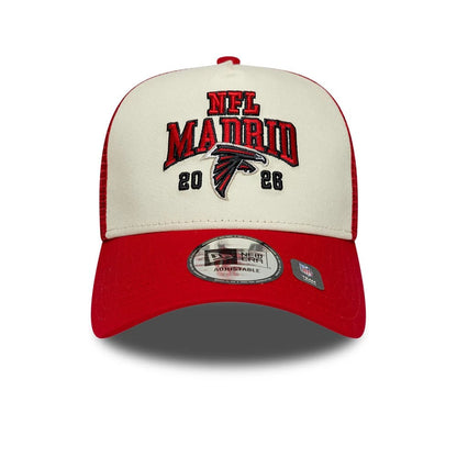 Pictured is this NFL International Series Games 2026 Madrid Atlanta Falcons 9FORTY A-Frame Trucker cap in red. 2