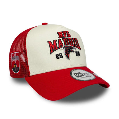 Pictured is this NFL International Series Games 2026 Madrid Atlanta Falcons 9FORTY A-Frame Trucker cap in red. 1