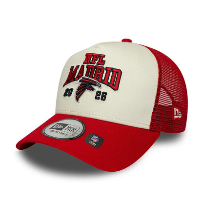Pictured is this NFL International Series Games 2026 Madrid Atlanta Falcons 9FORTY A-Frame Trucker cap in red. 3