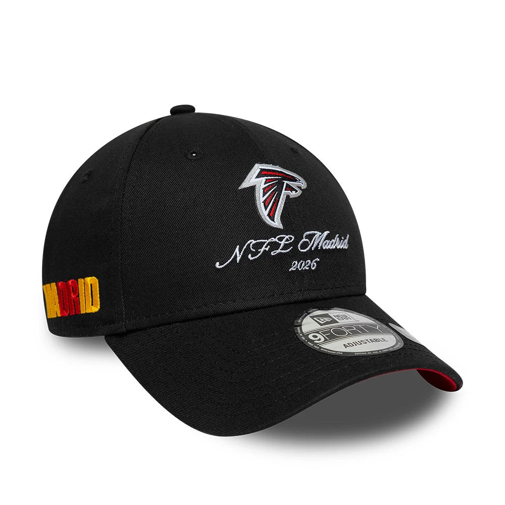 Pictured is this NFL International Series Games 2026 Madrid Atlanta Falcons 9FORTY cap in black. 1
