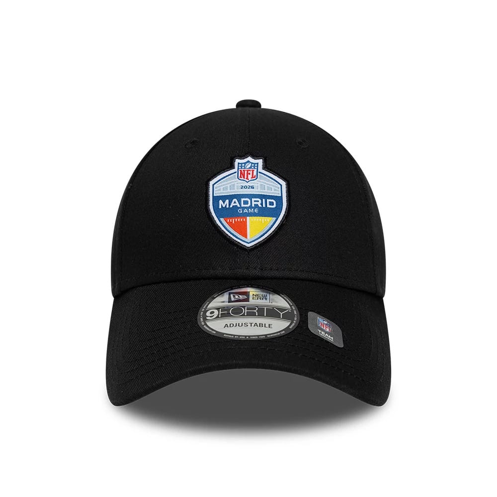 Pictured is this NFL International Series Games 2026 Madrid 9FORTY cap in black. 2