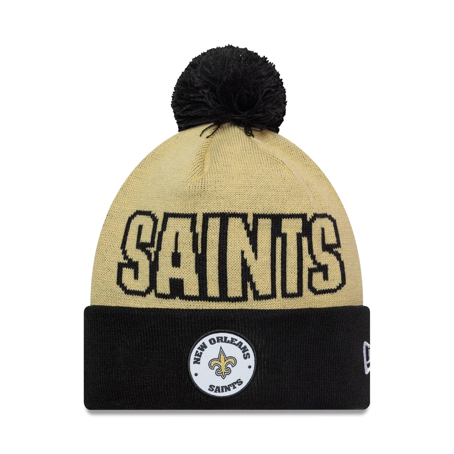 Pictured is this NFL International Series Games 2026 Paris New Orleans Saints Cuff Knit Beanie hat in light beige. 1