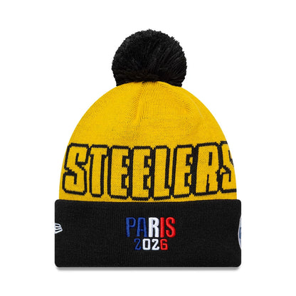 Pictured is this NFL International Games 2026 Paris Pittsburgh Steelers Cuff Knit Beanie hat in dark yellow. 2