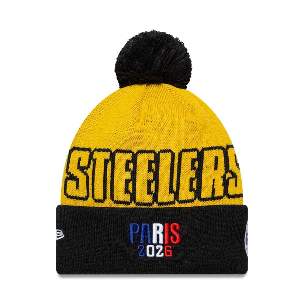 Pictured is this NFL International Series Games 2026 Paris Pittsburgh Steelers Cuff Knit Beanie hat in dark yellow. 2