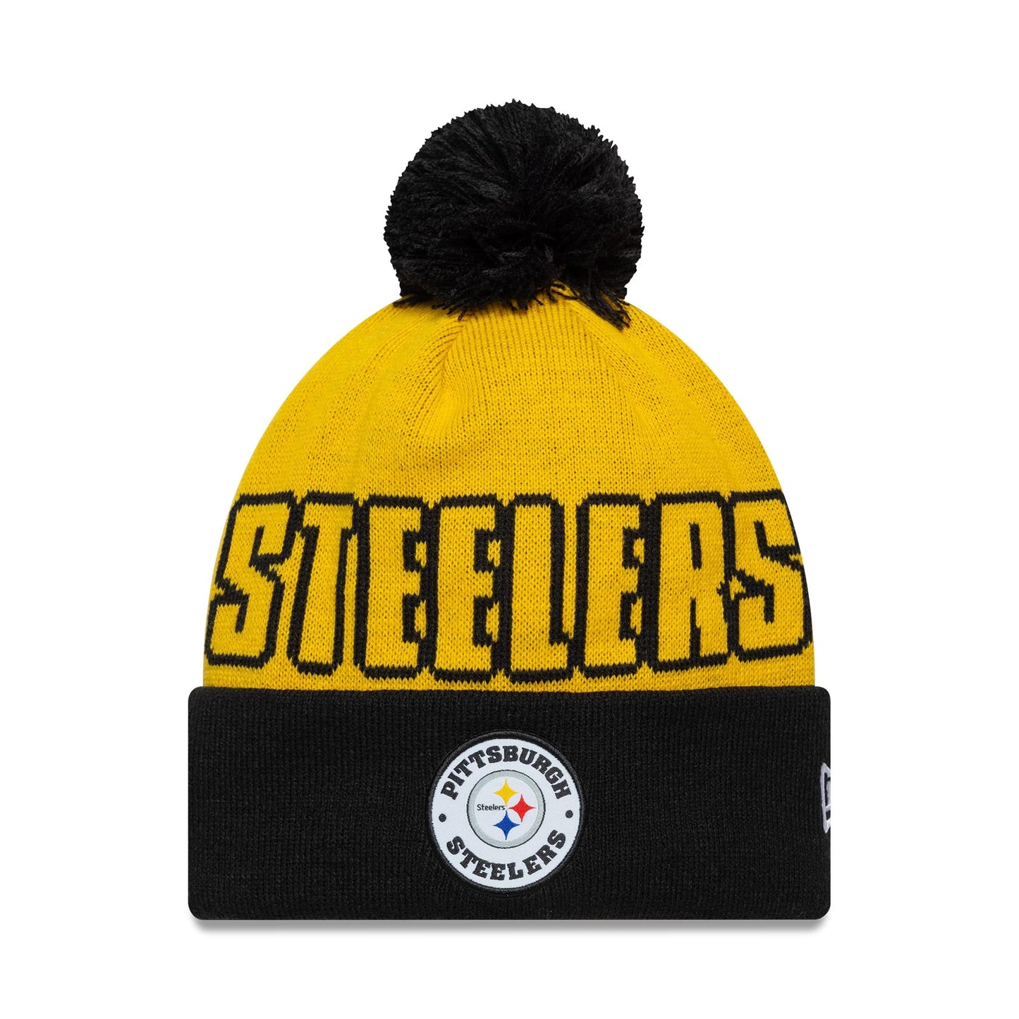 Pictured is this NFL International Series Games 2026 Paris Pittsburgh Steelers Cuff Knit Beanie hat in dark yellow. 1