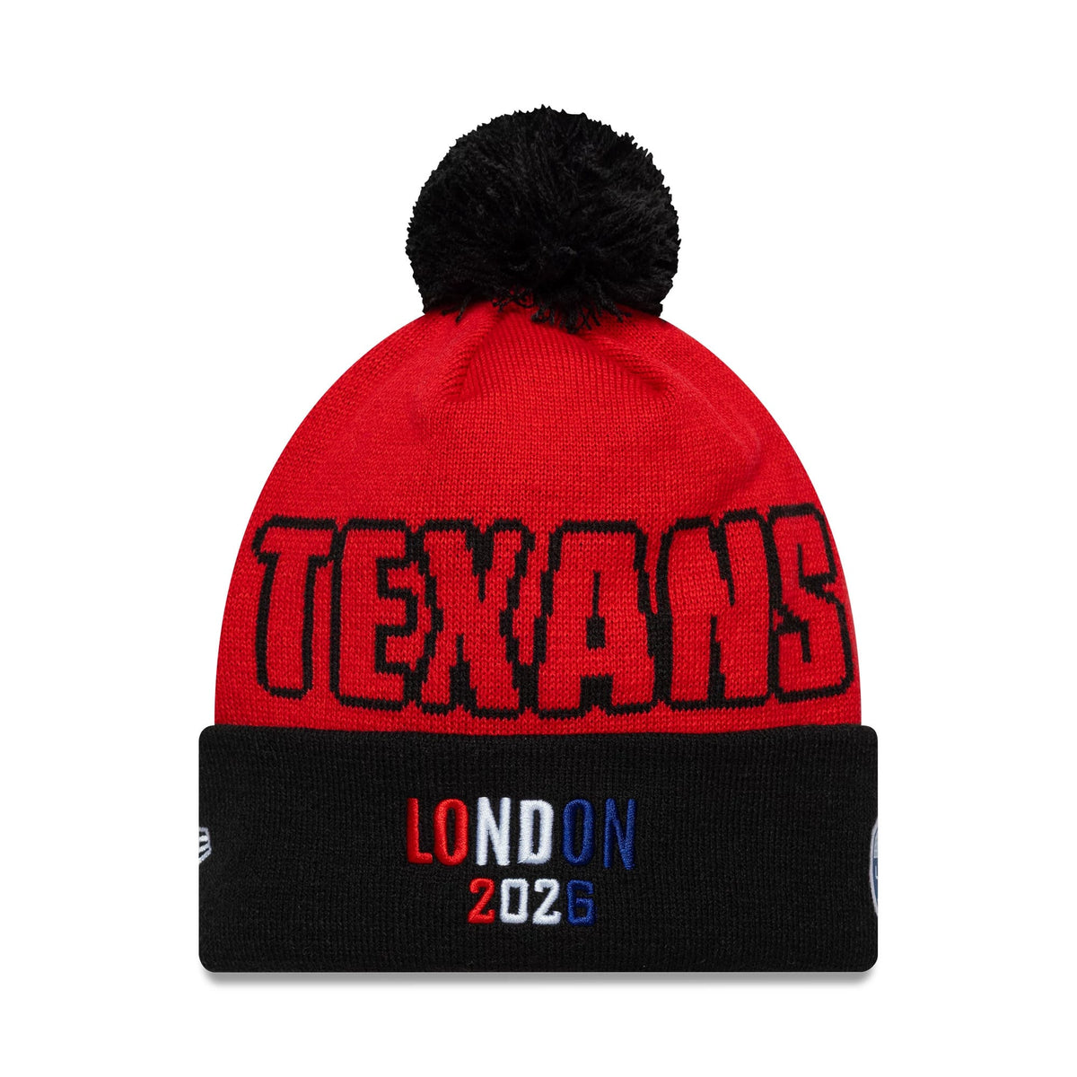 Pictured is this NFL International Series Games 2026 London Houston Texans Cuff Knit Beanie hat in red. 2