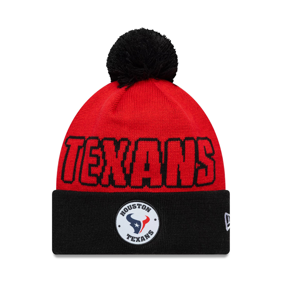 New Era Houston Texans NFL International Games 2026 London Red Cuff Knit Beanie Hat, front view showing the black TEXANS lettering across the red crown, black cuff with embroidered Houston Texans logo, and a black pom pom on top.