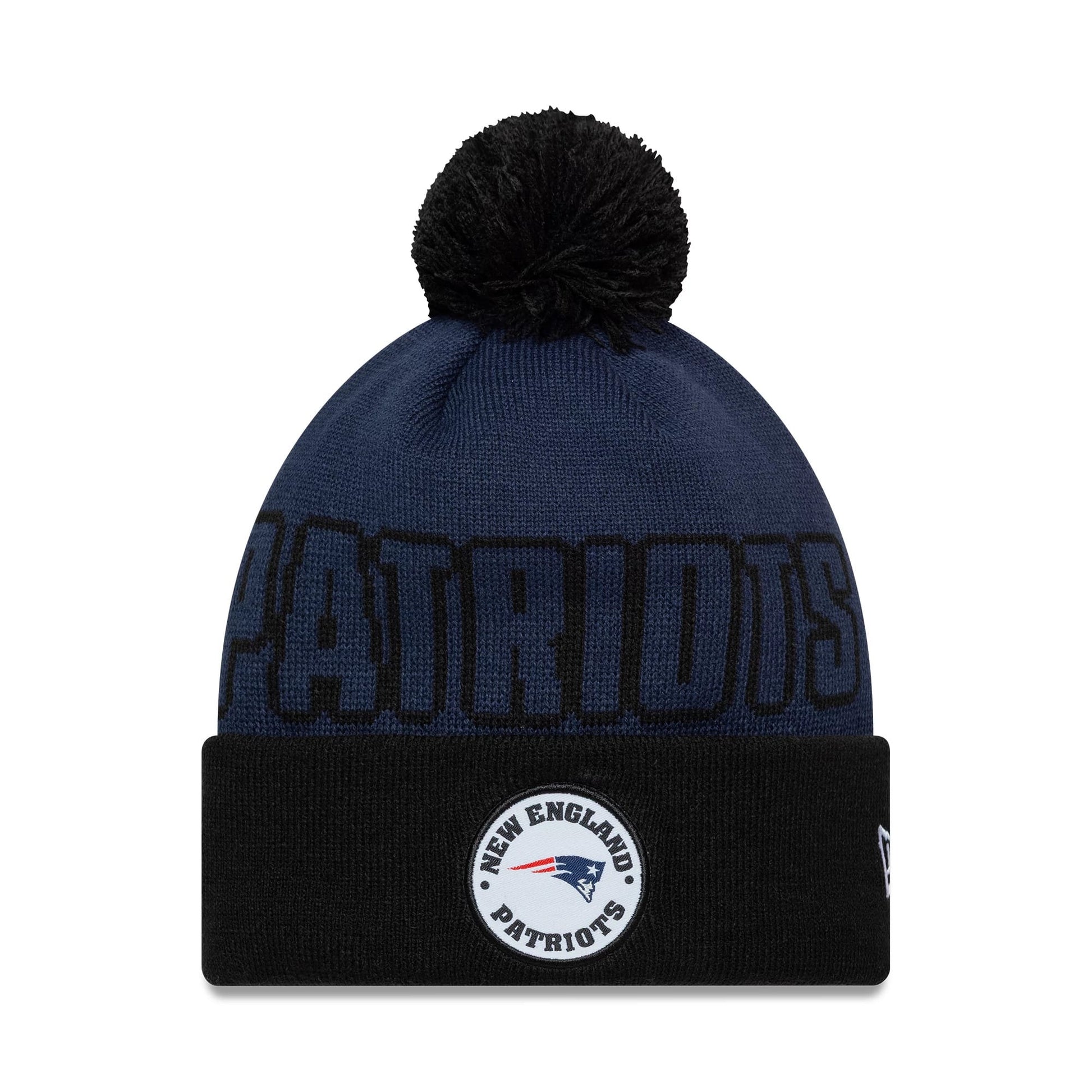 Pictured is this NFL International Series Games 2026 Munich New England Patriots Cuff Knit Beanie hat in dark blue. 1
