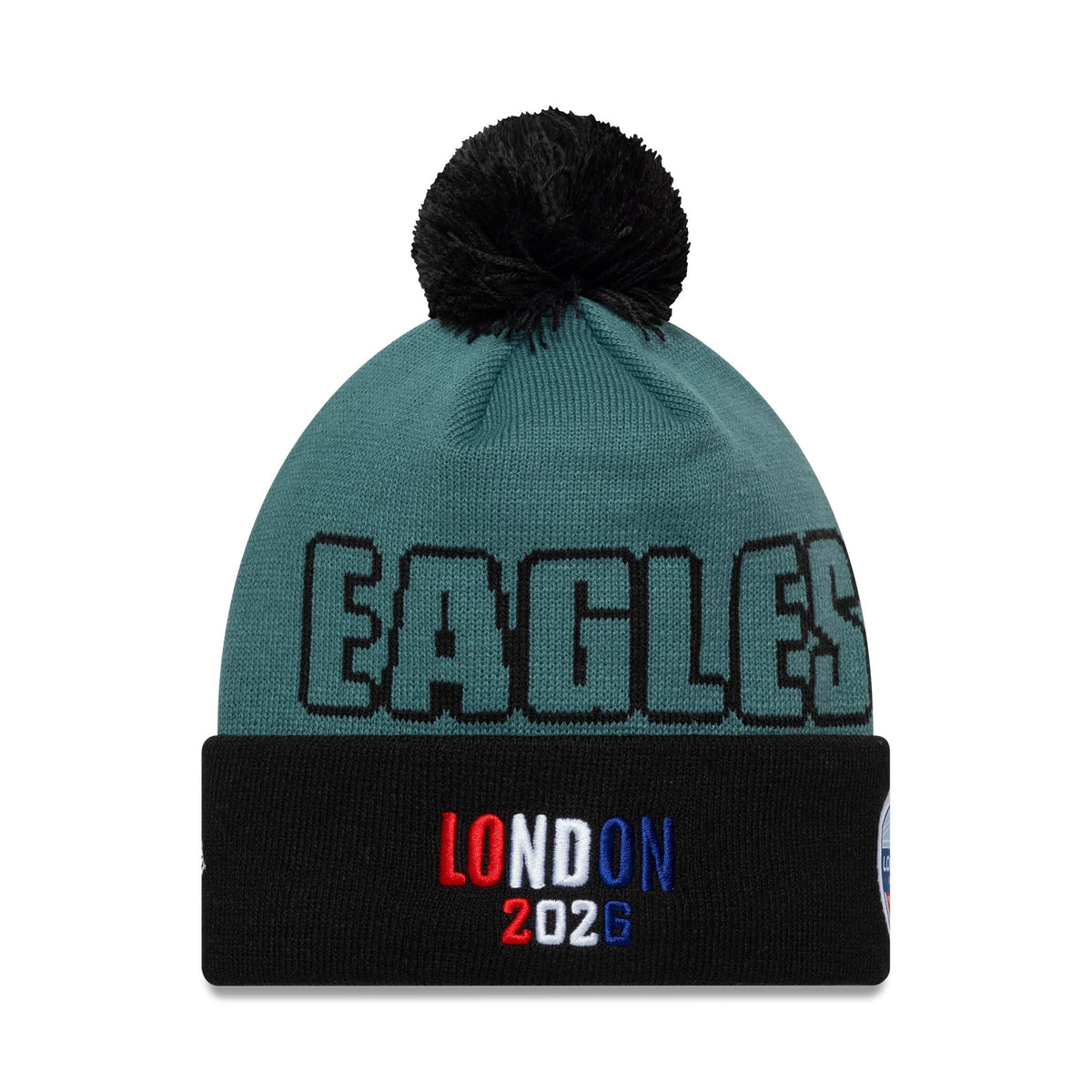 Pictured is this NFL International Series Games 2026 London Philadelphia Eagles Cuff Knit Beanie hat in dark green. 2