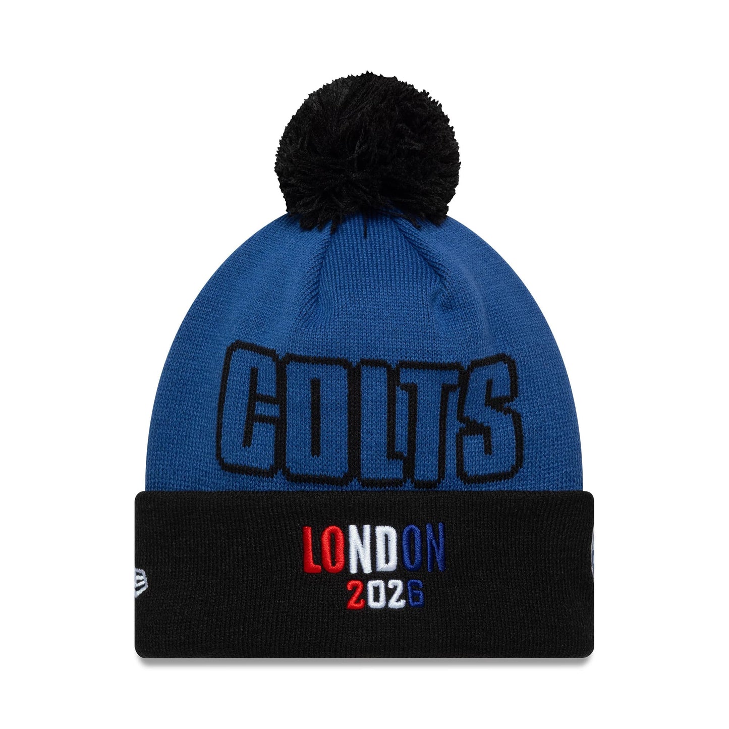 Pictured is this NFL International Series Games 2026 London Indianapolis Colts Cuff Knit Beanie hat in blue. 2