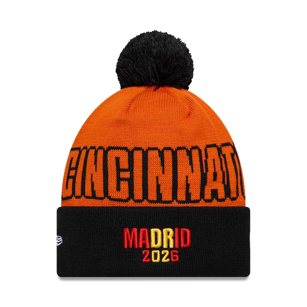 Pictured is this NFL International Games 2026 Madrid Cincinnati Bengals Cuff Knit Beanie hat in orange. 2