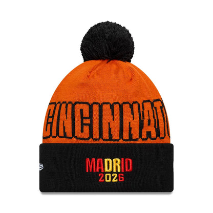 Pictured is this NFL International Games 2026 Madrid Cincinnati Bengals Cuff Knit Beanie hat in orange. 2