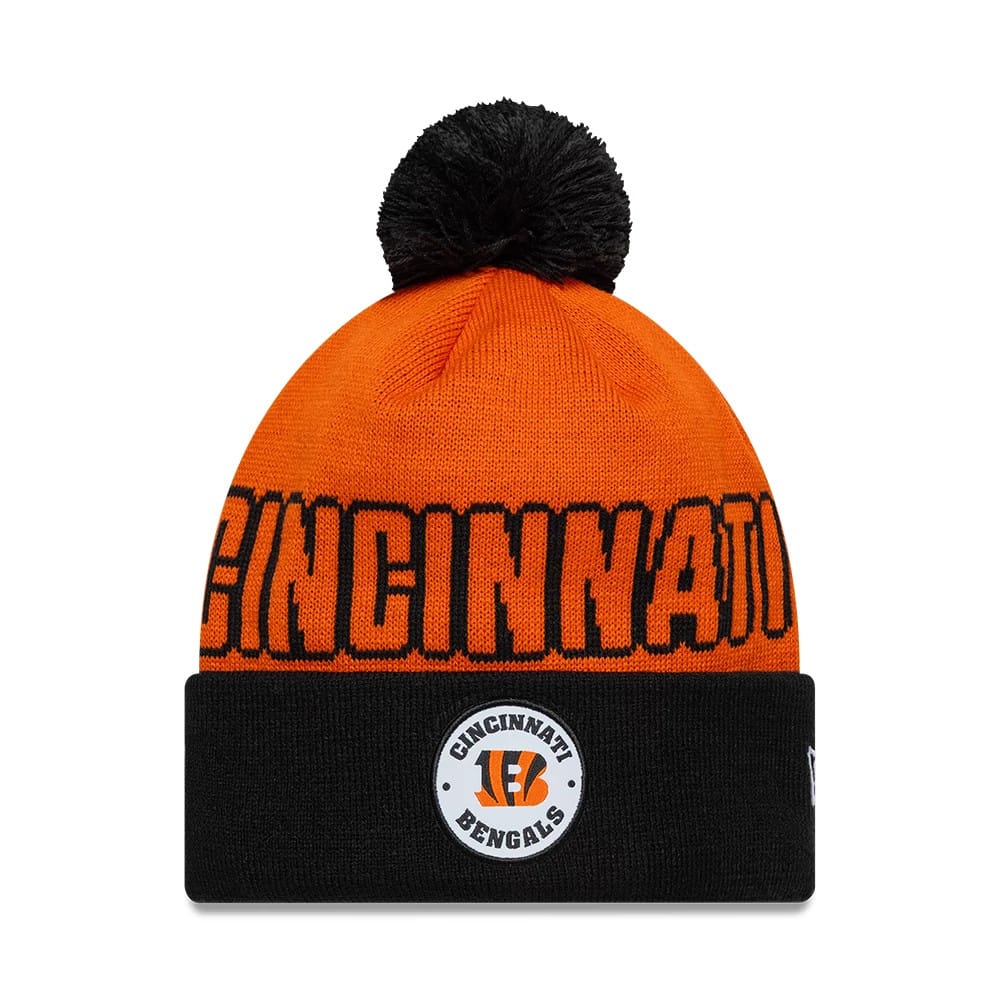 Pictured is this NFL International Series Games 2026 Madrid Cincinnati Bengals Cuff Knit Beanie hat in orange. 1