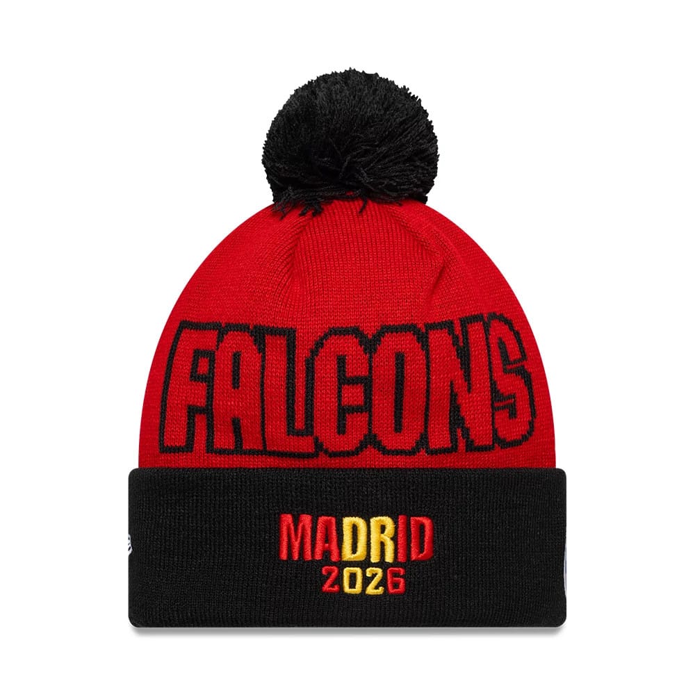 Pictured is this NFL International Series Games 2026 Madrid Atlanta Falcons Cuff Knit Beanie hat in red. 2