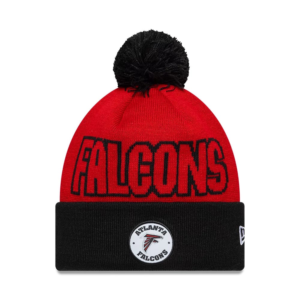 Pictured is this NFL International Series Games 2026 Madrid Atlanta Falcons Cuff Knit Beanie hat in red. 1