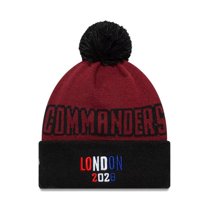 Pictured is this NFL International Series Games 2026 London Washington Commanders Cuff Knit Beanie hat in dark red. 2
