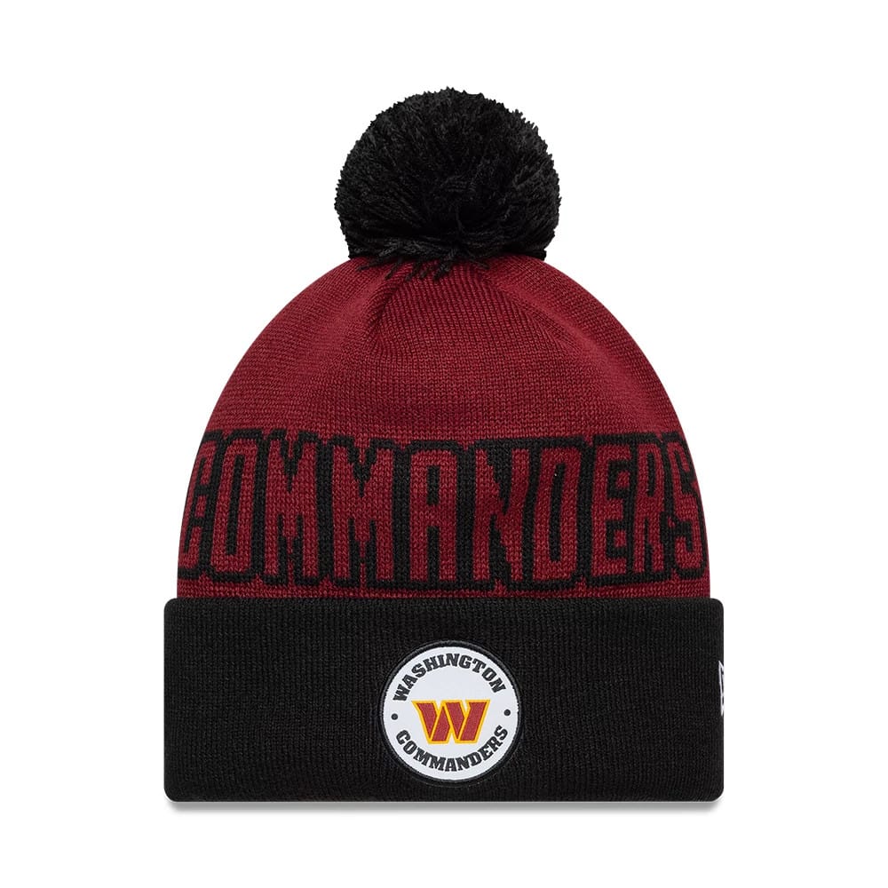 Pictured is this NFL International Series Games 2026 London Washington Commanders Cuff Knit Beanie hat in dark red. 1