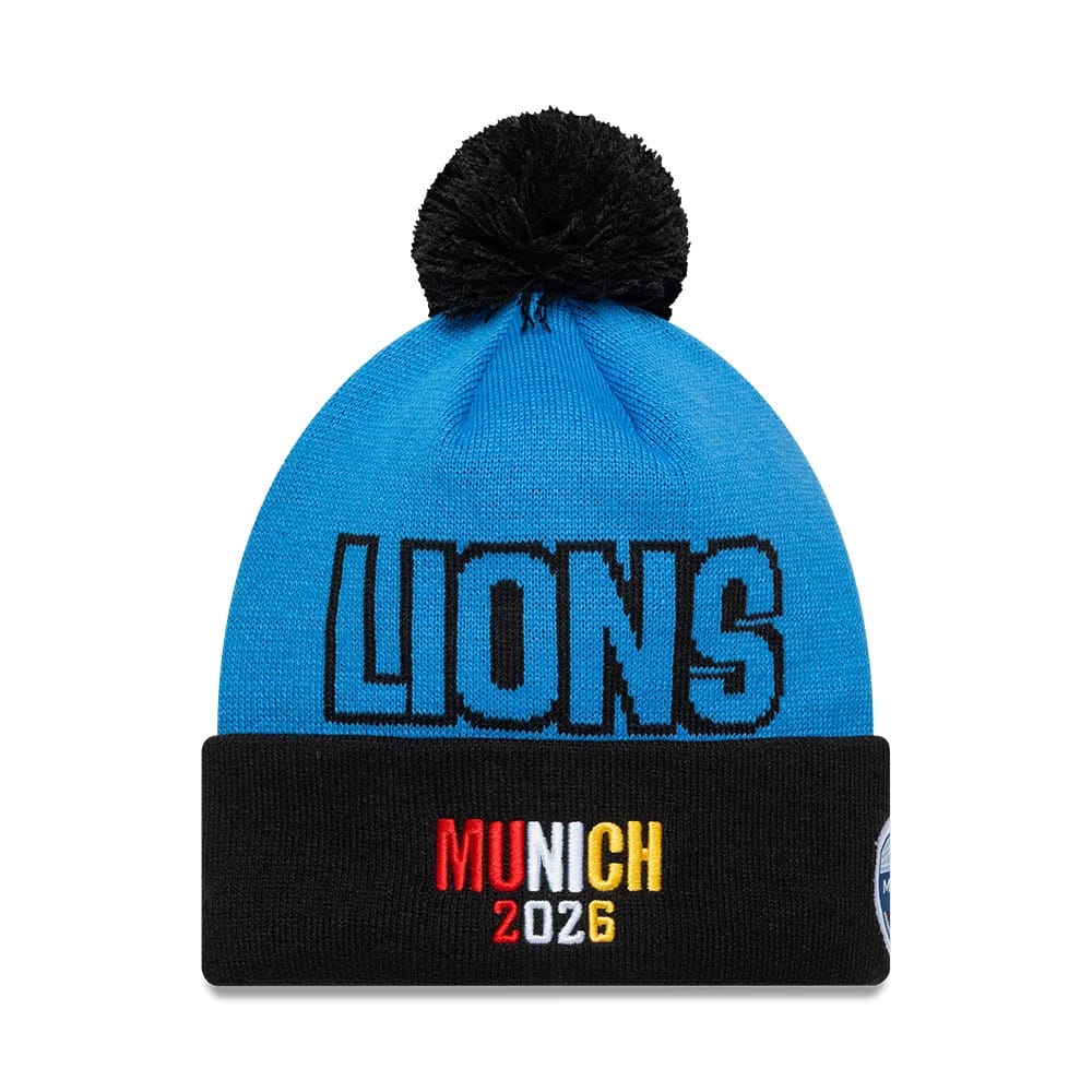 Pictured is this NFL International Series Games 2026 Munich Detroit Lions Cuff Knit Beanie hat in blue. 2