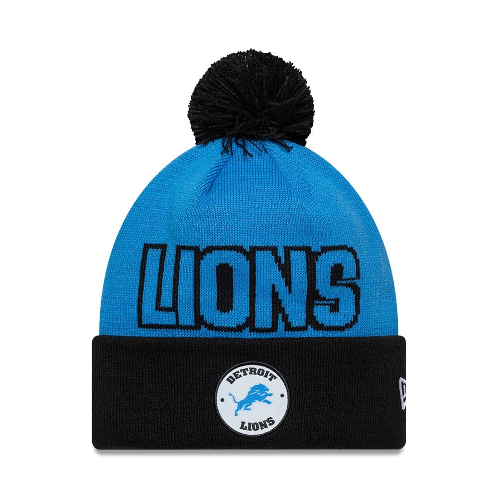 Pictured is this NFL International Series Games 2026 Munich Detroit Lions Cuff Knit Beanie hat in blue. 1