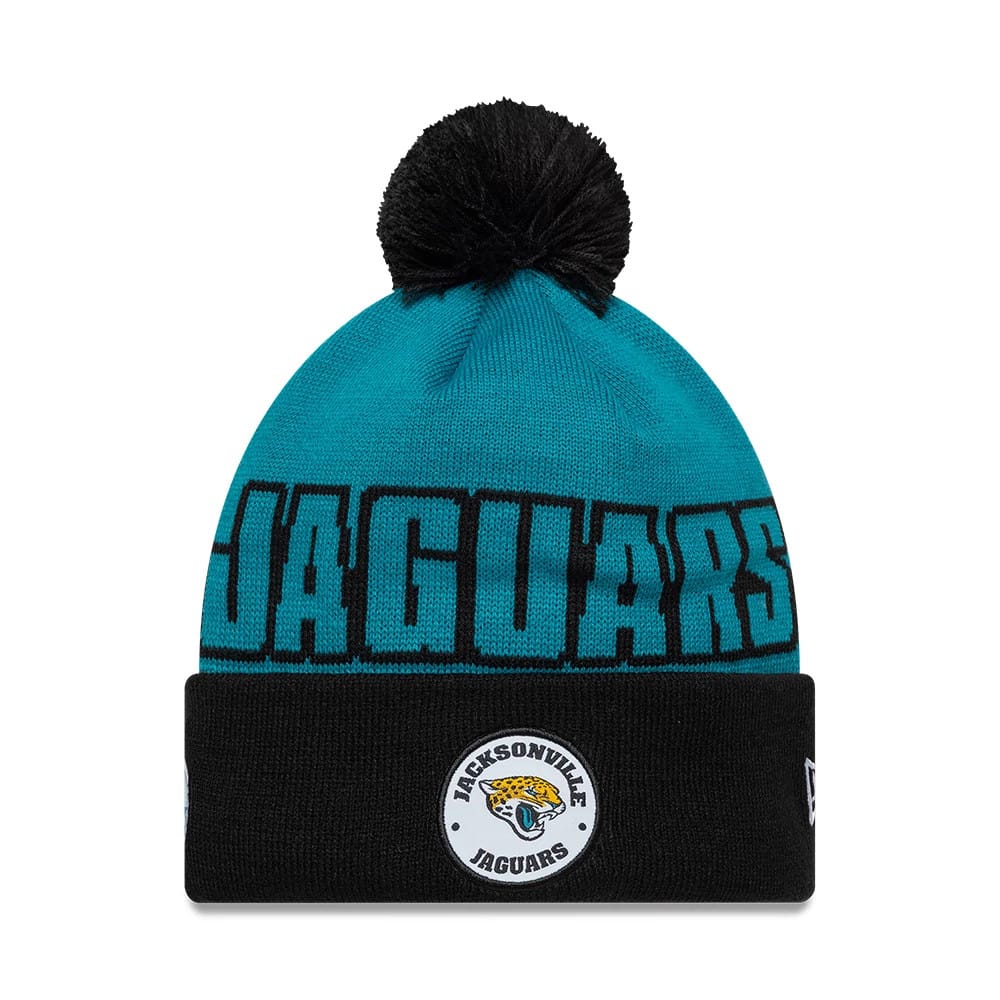 Pictured is this NFL International Series Games 2026 London Jacksonville Jaguars Cuff Knit Beanie hat in turquoise. 1