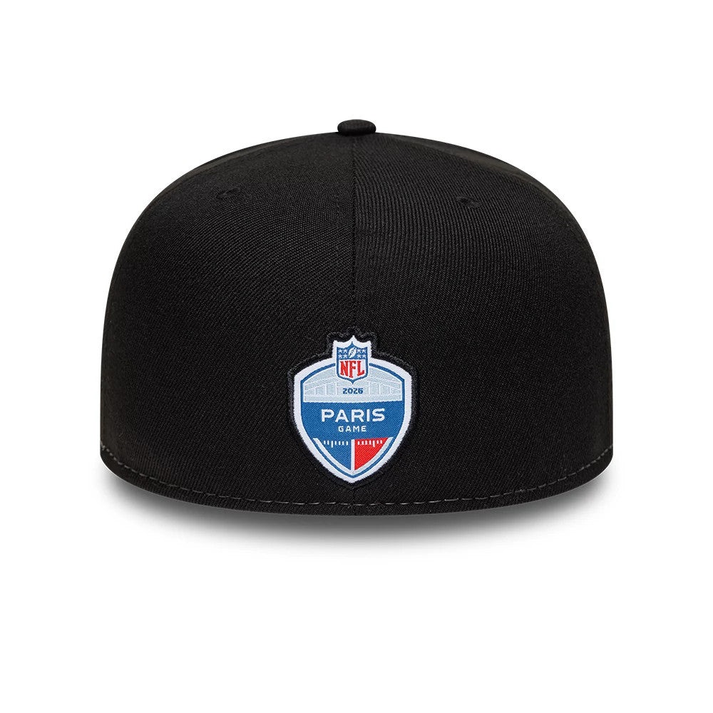 Steelers NFL International Games Black New Era 59FIFTY Fitted Cap, rear view showing a Paris 2024 embroidered patch with a shield design, featuring the text NFL Paris Game, centred on the structured black crown.