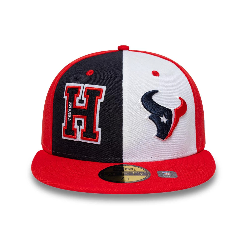 Houston Texans NFL International Games Red New Era 59FIFTY Fitted Cap, front view showing split black and white panels with a raised red and white H logo on the left and the Texans bull logo on the right, plus a red visor.