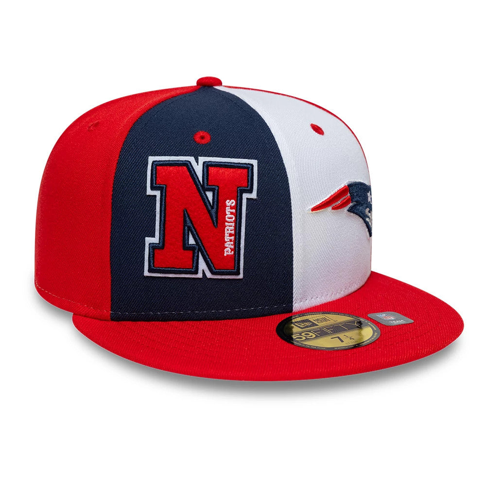 Patriots NFL International Games Red New Era 59FIFTY Fitted Cap, front and side view showing the red embroidered N logo with Patriots text on the navy panel, blue and red Patriots logo on the white panel.