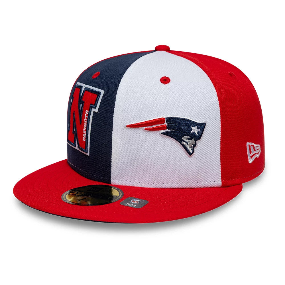 Patriots NFL International Games Red New Era 59FIFTY Fitted Cap, three-quarter view showing a red and navy embroidered N on the left front panel, a Patriots logo on the white front panel, and a red visor with a gold 59FIFTY size sticker.