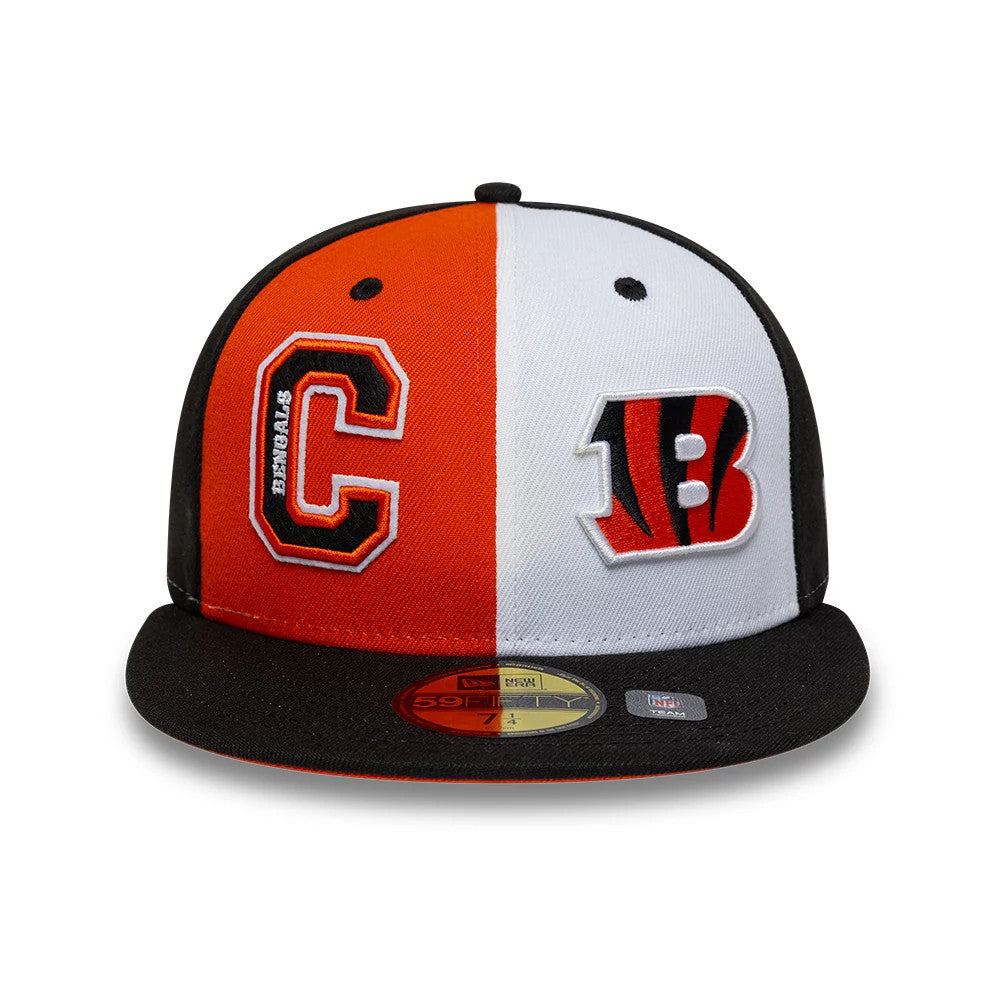 Bengals NFL International Games Black New Era 59FIFTY Fitted Cap, front view featuring a split orange and white crown with embroidered black outlined C on the left panel and a B logo on the right.