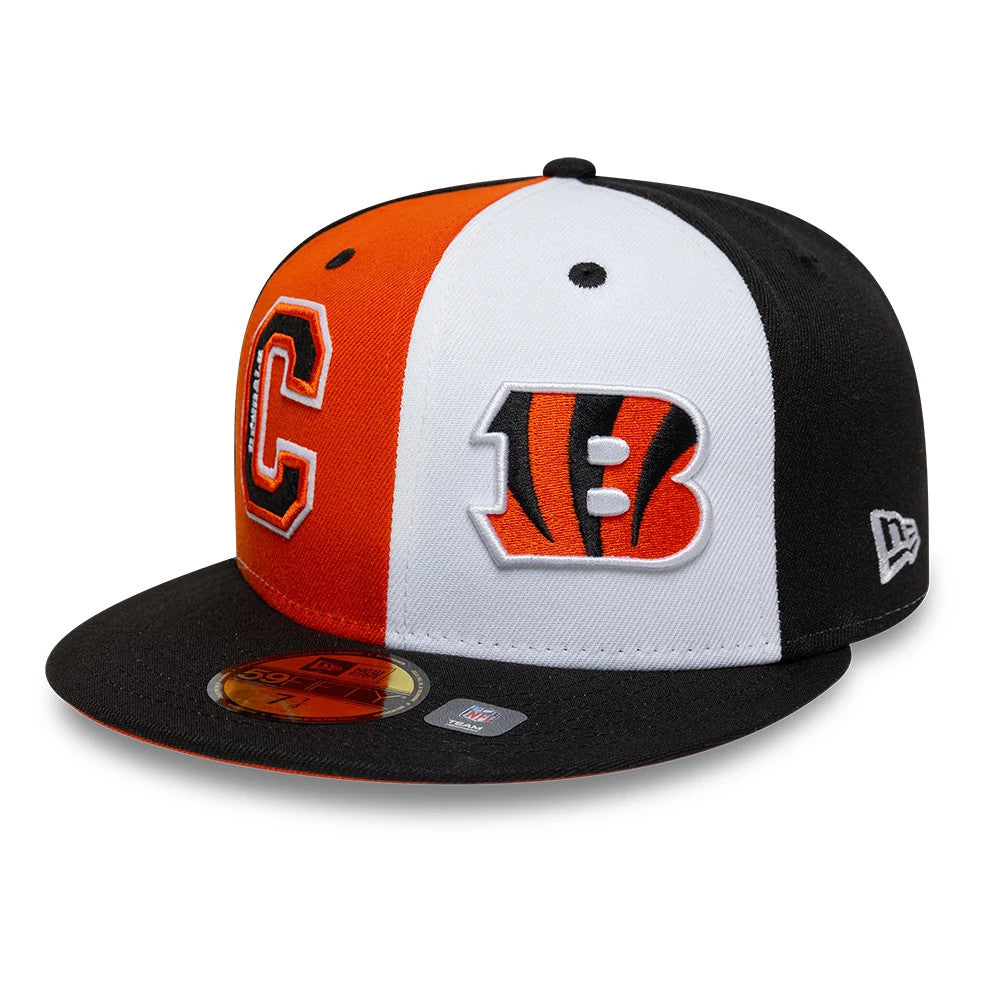 Bengals NFL International Games Black New Era 59FIFTY Fitted Cap, front view showing raised embroidered Bengals logo on a white panel, large orange and white C on the adjacent panel, black flat visor with gold 59FIFTY size sticker.