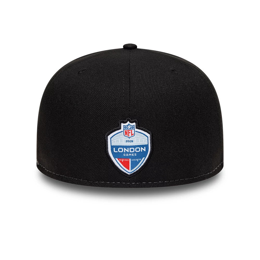 Eagles NFL International Games Black New Era 59FIFTY Fitted Cap, rear view showing the embroidered NFL London Games logo shield in blue, red, and white centred on the black structured crown, with a black top button and matching eyelets.