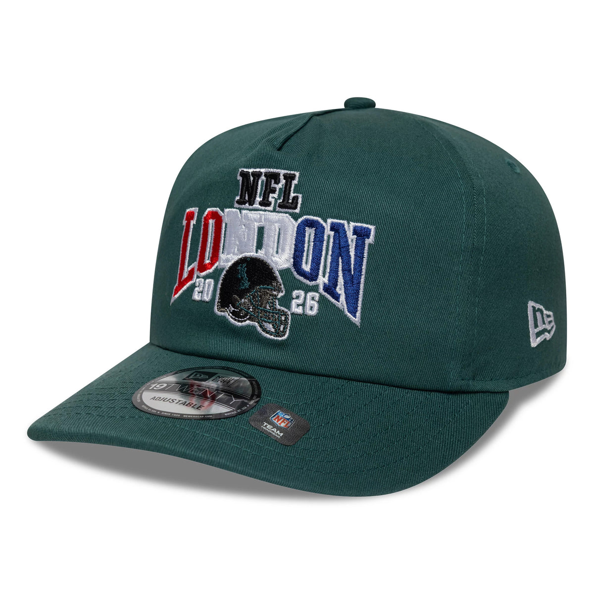 Philadelphia Eagles NFL International Games 2026 London Dark Green New Era 19TWENTY Adjustable Cap, front view showing the colourful embroidered logo with NFL London lettering and helmet graphic, dark green visor with 19TWENTY size sticker.